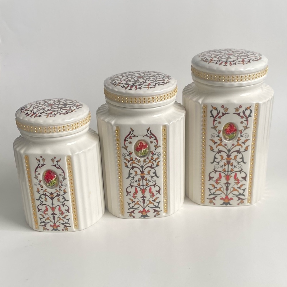 Set of 3 Ceramic Canisters in White with Gold and Floral Accents